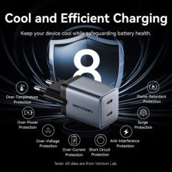 Зарядний пристрій Vention 2xUSB-C PD45W GaN + cable USB-C to USB-C 1.0m 5A gray (TZ-FCFH0-EU)