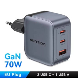 Зарядний пристрій Vention 1xUSB-C PD70W + 1xUSB QC3.0 22.5W GaN + cable USB-C to USB-C 1.0m 5A gray (TZ-FCGH0-EU)