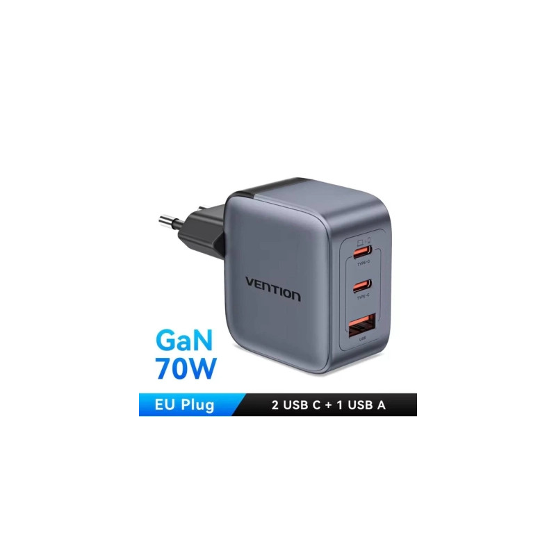 Зарядний пристрій Vention 1xUSB-C PD70W + 1xUSB QC3.0 22.5W GaN + cable USB-C to USB-C 1.0m 5A gray (TZ-FCGH0-EU)