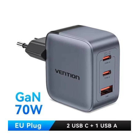 Зарядний пристрій Vention 1xUSB-C PD70W + 1xUSB QC3.0 22.5W GaN + cable USB-C to USB-C 1.0m 5A gray (TZ-FCGH0-EU)