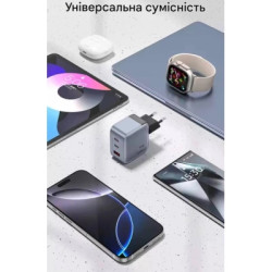 Зарядний пристрій Vention 1xUSB-C PD70W + 1xUSB QC3.0 22.5W GaN + cable USB-C to USB-C 1.0m 5A gray (TZ-FCGH0-EU)