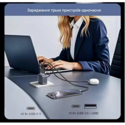 Зарядний пристрій Vention 1xUSB-C PD70W + 1xUSB QC3.0 22.5W GaN + cable USB-C to USB-C 1.0m 5A gray (TZ-FCGH0-EU)