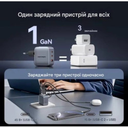 Зарядний пристрій Vention 1xUSB-C PD70W + 1xUSB QC3.0 22.5W GaN + cable USB-C to USB-C 1.0m 5A gray (TZ-FCGH0-EU)