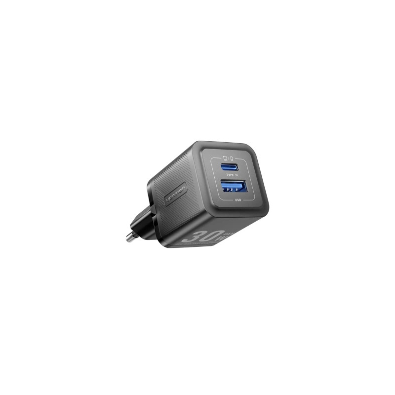 Зарядний пристрій Vention 1xUSB-C PD30W + 1xUSB QC3.0 30W GaN + cable USB-C to USB-C 1.0m black (TZ-FEQB0-EU-01)