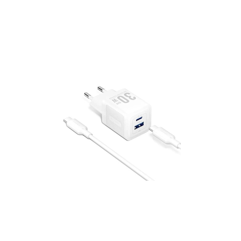 Зарядний пристрій Vention 1xUSB-C PD30W + 1xUSB QC3.0 30W GaN + cable USB-C to USB-C 1.0m white (TZ-FEQW0-EU-01)