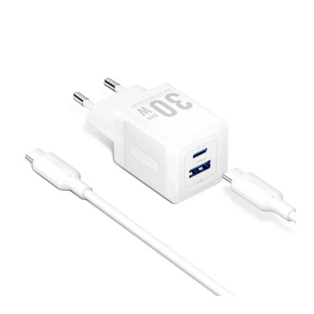 Зарядний пристрій Vention 1xUSB-C PD30W + 1xUSB QC3.0 30W GaN + cable USB-C to USB-C 1.0m white (TZ-FEQW0-EU-01)