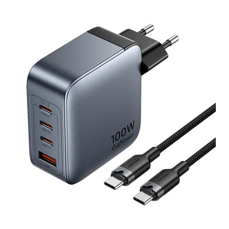 Зарядний пристрій Vention 3xUSB-C PD100W + 1xUSB QC3.0 30W GaN + cable USB-C to USB-C 1.0m gray (TZ-FETH0-EU)