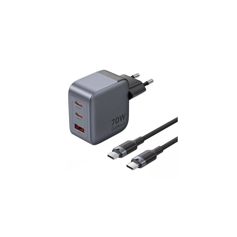 Зарядний пристрій Vention 2xUSB-C PD70W + 1xUSB QC3.0 22.5W GaN + cable USB-C to USB-C 1.0m black gray (TZ-FEXH0-EU)