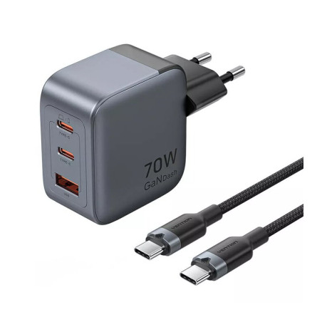 Зарядний пристрій Vention 2xUSB-C PD70W + 1xUSB QC3.0 22.5W GaN + cable USB-C to USB-C 1.0m black gray (TZ-FEXH0-EU)