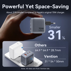 Зарядний пристрій Vention 2xUSB-C PD70W + 1xUSB QC3.0 22.5W GaN + cable USB-C to USB-C 1.0m black gray (TZ-FEXH0-EU)