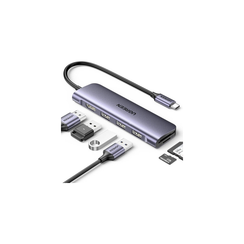 Концентратор Ugreen USB-C 6-in-1 3xUSB 3.0 + HDMI 4K@30Hz + SD/TF silver (20956A)
