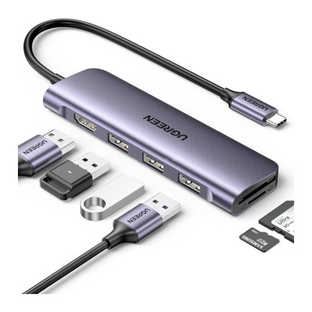Концентратор Ugreen USB-C 6-in-1 3xUSB 3.0 + HDMI 4K@30Hz + SD/TF silver (20956A)