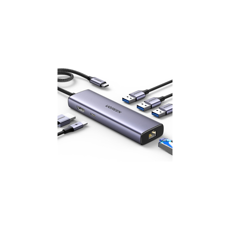 Концентратор Ugreen USB-C 6-in-1 3xUSB 3.0 + HDMI 4K@30Hz + RJ45 1000Mbps + PD silver (15598)