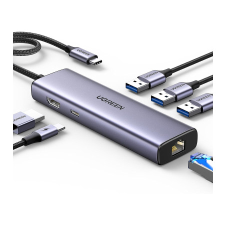 Концентратор Ugreen USB-C 6-in-1 3xUSB 3.0 + HDMI 4K@30Hz + RJ45 1000Mbps + PD silver (15598)