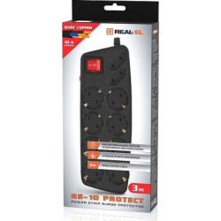 Мережевий фільтр живлення REAL-EL REAL-EL RS-10 Protect, 3m, black (EL122300039)