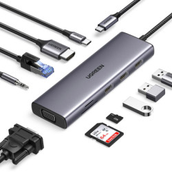 Концентратор Ugreen USB3.1 Type-C to HDMI/VGA/USB 3.0х3/RJ45/SD/TF/PD/35мм TRRS 100W 10-in-1 (15601)