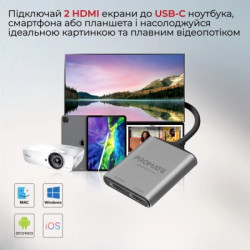 Перехідник USB-C to 2xHDMI 4K Promate (medialink-h2.grey)