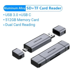 Зчитувач флеш-карт Vention USB 3.0 AM/USB-C to SD+TF Gray Dual Drive Letter Aluminum Alloy (CLLH0)