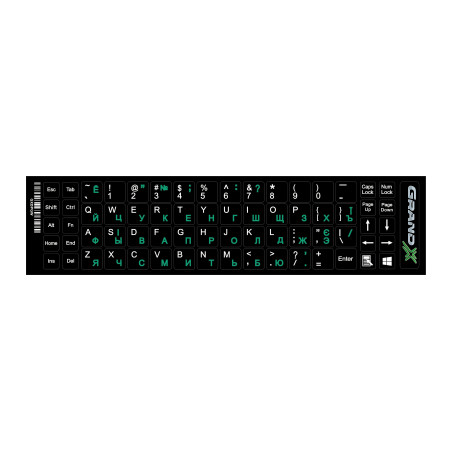 Наклейка на клавіатуру Grand-X 68 keys Cyrillic green, Latin white (GXDPGW)