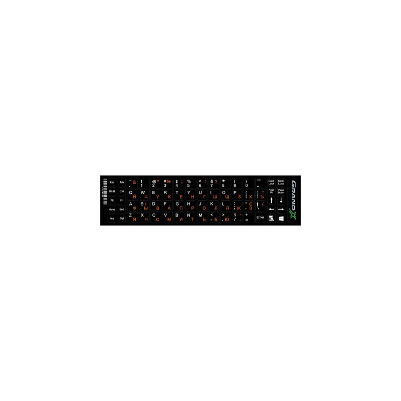 Наклейка на клавіатуру Grand-X 68 keys Cyrillic orange, Latin white (GXDPOW)