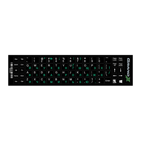 Наклейка на клавіатуру Grand-X 68 keys UA green, Latin white (GXDGUA)