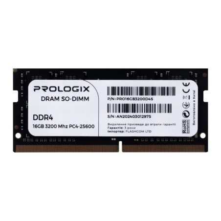 Модуль пам'яті для ноутбука SoDIMM DDR4 16GB 3200 MHz Prologix (PRO16GB3200D4S)