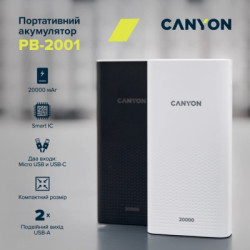 Батарея універсальна Canyon 20000mAh, Input 5V/2A, Output 5V/2.1A(Max), Black (CNE-CPB2001B)