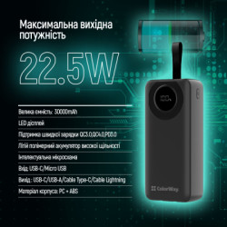Батарея універсальна ColorWay 30 000 mAh EnergyPlus PD/18W, QC3.0/22.5W, Black (CW-PB300LPB4BK-PDD)