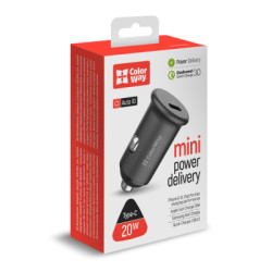 Зарядний пристрій ColorWay 1USB Car ( PD USB Type-C (20W) Gray (CW-CHA028PD-GR)