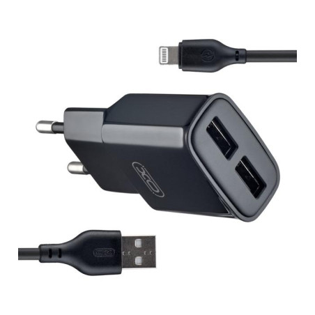 Зарядний пристрій XO L92C (2USB/2.4A) + USB - Lightning Чорний (XO-L92C-L)