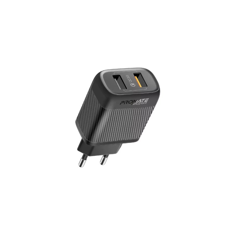 Зарядний пристрій Promate 18W 2xUSB-A (biplug-qc3.eu-bk)