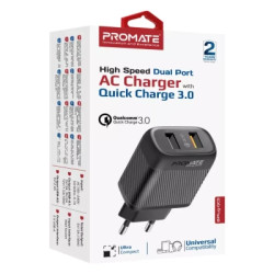 Зарядний пристрій Promate 18W 2xUSB-A (biplug-qc3.eu-bk)