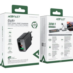 Зарядний пристрій Acefast 2xUSB 30W (USB-C+USB-A) Gan A98 Black (6974316283263)