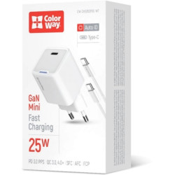 Зарядний пристрій ColorWay GaN Mini 25W PD Port PPS USB-C white cable Type-C (CW-CHS052PDC-WT)