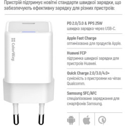 Зарядний пристрій ColorWay GaN Mini 25W PD Port PPS USB-C white cable Type-C (CW-CHS052PDC-WT)