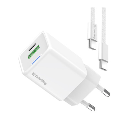 Зарядний пристрій ColorWay GaN Mini 30W PD Port PPS USB (Type-C PD + USB QC4.0) cable Type-C (CW-CHS053PDC-WT)