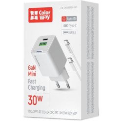 Зарядний пристрій ColorWay GaN Mini 30W PD Port PPS USB (Type-C PD + USB QC4.0) cable Type-C (CW-CHS053PDC-WT)