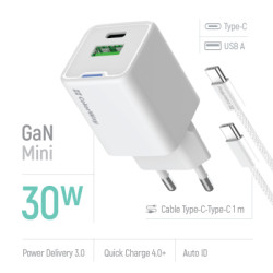 Зарядний пристрій ColorWay GaN Mini 30W PD Port PPS USB (Type-C PD + USB QC4.0) cable Type-C (CW-CHS053PDC-WT)