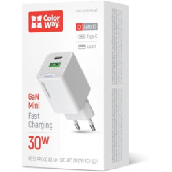 Зарядний пристрій ColorWay GaN Mini 30W PD Port PPS USB (Type-C PD + USB QC4.0) white (CW-CHS053PD-WT)