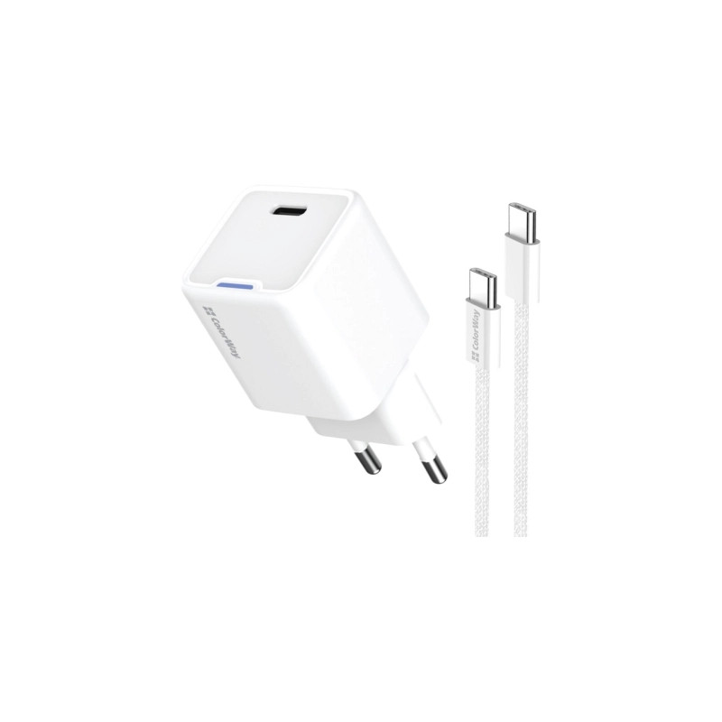 Зарядний пристрій ColorWay GaN Mini 30W PD Port PPS USB-C white + cable Type-C (CW-CHS054PDC-WT)