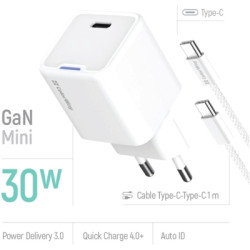 Зарядний пристрій ColorWay GaN Mini 30W PD Port PPS USB-C white + cable Type-C (CW-CHS054PDC-WT)