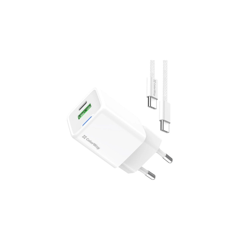 Зарядний пристрій ColorWay GaN Mini 35W PD Port PPS USB (Type-C PD + USB QC4.0) cable Type-C (CW-CHS055PDC-WT)
