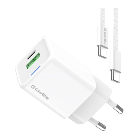 Зарядний пристрій ColorWay GaN Mini 35W PD Port PPS USB (Type-C PD + USB QC4.0) cable Type-C (CW-CHS055PDC-WT)