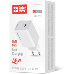Зарядний пристрій ColorWay GaN Mini 45W PD Port PPS USB-C white (CW-CHS057PD-WT)