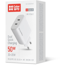 Зарядний пристрій ColorWay GaN Mini 50W PD Port PPS USB (Type-C PD 30W + Type-C PD 20W) white (CW-CHS050PD-WT)