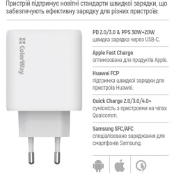Зарядний пристрій ColorWay GaN Mini 50W PD Port PPS USB (Type-C PD 30W + Type-C PD 20W) white (CW-CHS050PD-WT)