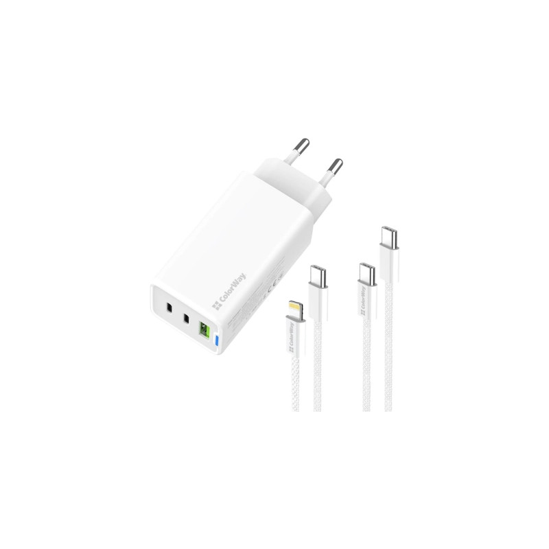 Зарядний пристрій ColorWay GaN Mini 65W PD Port PPS USB (USB-2C1A) cable Type-C&Lightning (CW-CHS058PDCL-WT)