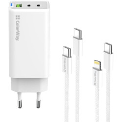 Зарядний пристрій ColorWay GaN Mini 65W PD Port PPS USB (USB-2C1A) cable Type-C&Lightning (CW-CHS058PDCL-WT)