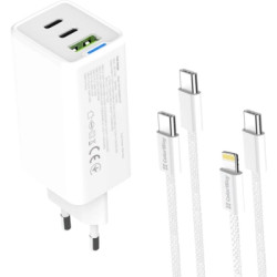 Зарядний пристрій ColorWay GaN Mini 65W PD Port PPS USB (USB-2C1A) cable Type-C&Lightning (CW-CHS058PDCL-WT)