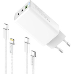 Зарядний пристрій ColorWay GaN Mini 65W PD Port PPS USB (USB-2C1A) cable Type-C&Lightning (CW-CHS058PDCL-WT)